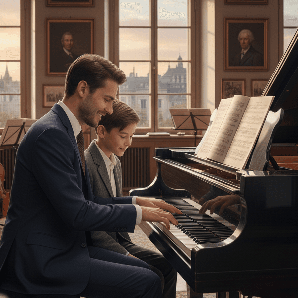 Music teacher and student practicing piano together