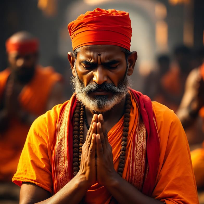 A devotional singer with hands pressed together in prayer, eyes closed, mid-chant — the human side of a tradition that has carried backing tracks for centuries