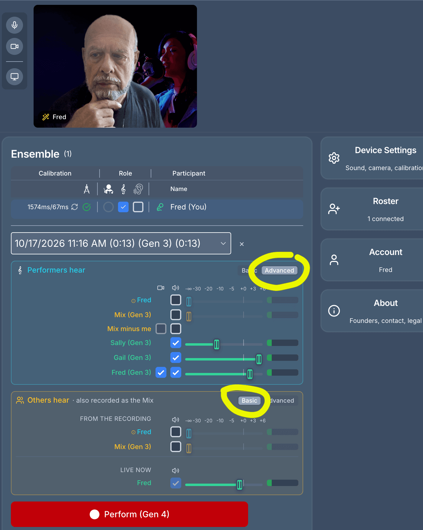 Separate Performers hear and Others hear panels, with the Basic and Advanced toggles on each circled; performers hear Sally, Gail and Fred from Gen 3