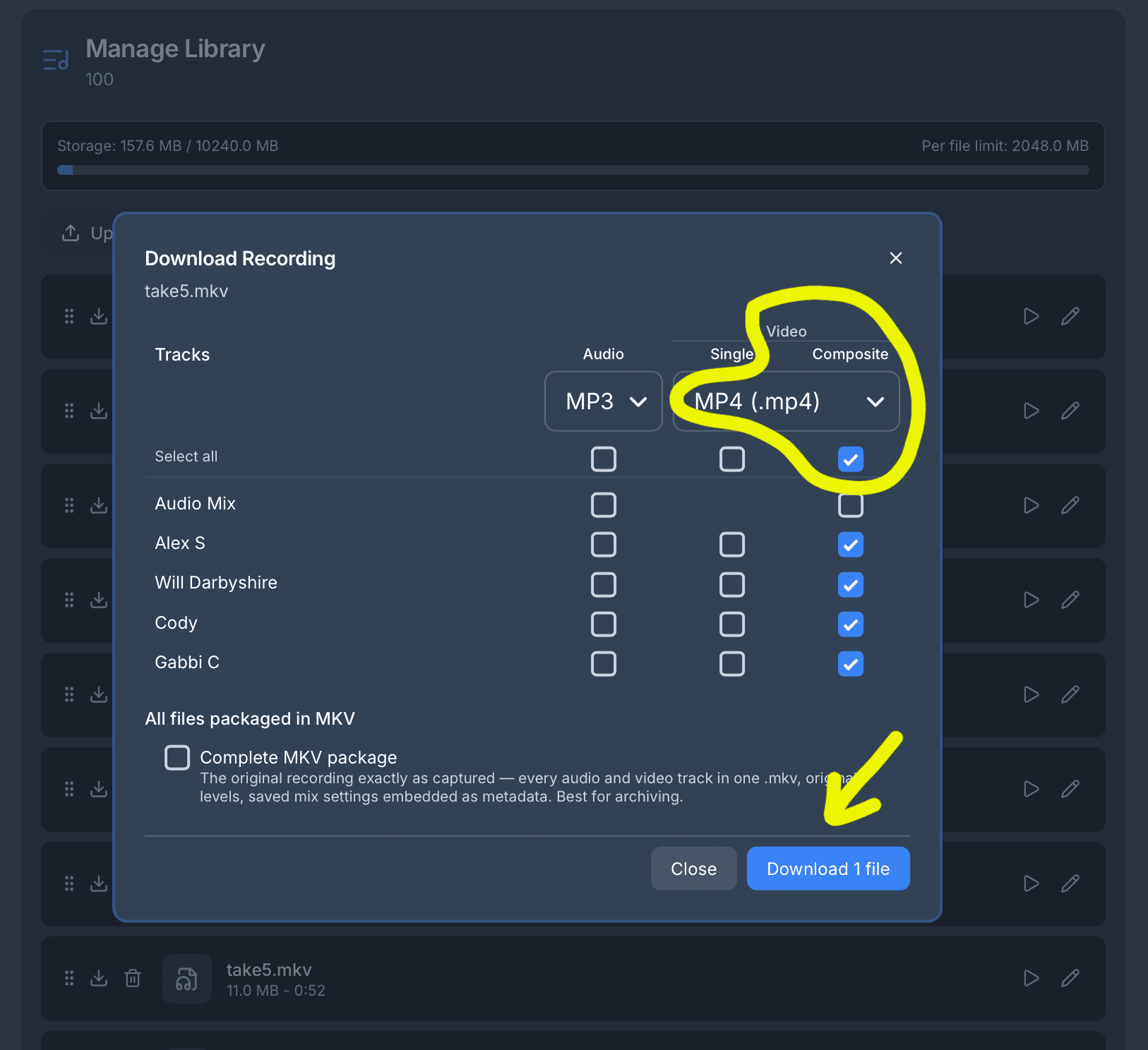The Download Recording dialog, with MP4 selected and four singers checked under Composite video