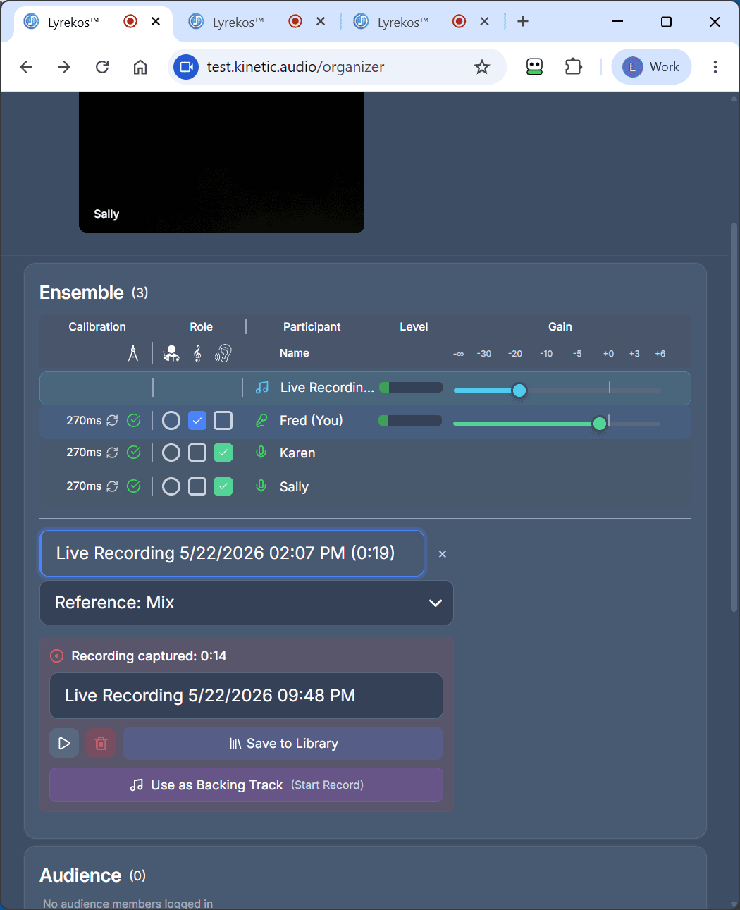 Lyrekos Ensemble panel showing the previously captured Live Recording loaded as the backing track with Reference: Mix selected. Fred is now tagged as Accompanist; Karen and Sally are Listeners. A red Perform button is ready