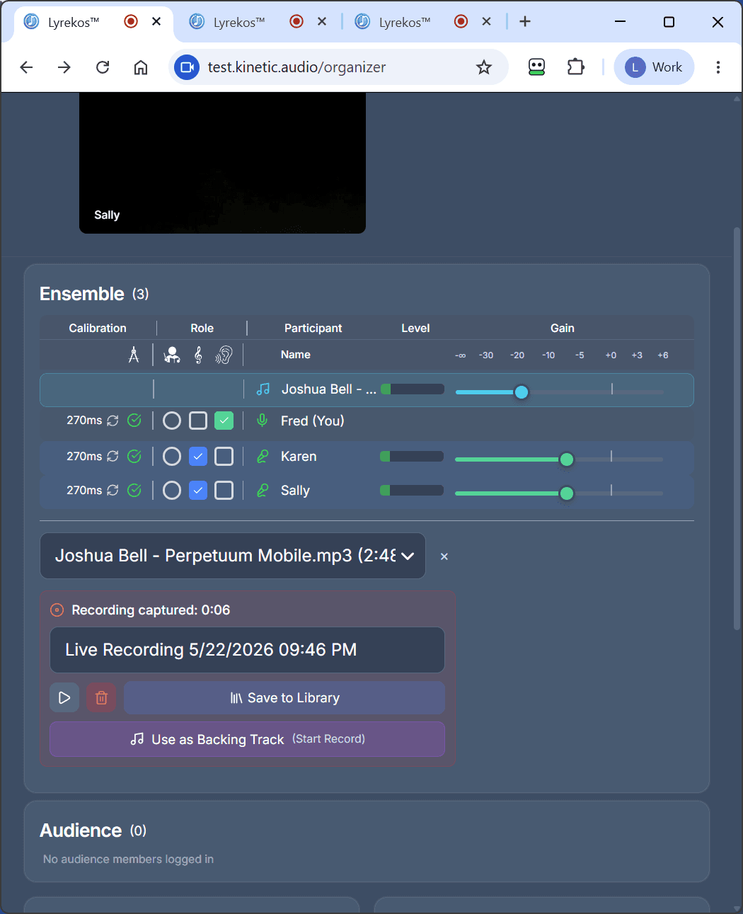 Lyrekos Ensemble panel after a take, showing the captured recording (Live Recording timestamped 5/22/2026, 0:06 captured) with options to play, delete, Save to Library, or Use as Backing Track for a follow-on performance