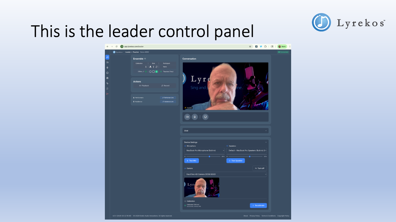 The Lyrekos Organizer Control Panel showing the Ensemble panel, Actions panel, video conference view, chat, and device settings