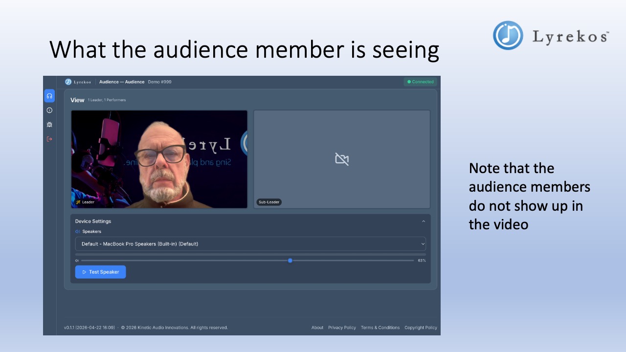 The Lyrekos audience view showing the Organizer and Sub-Organizer video panels. Audience members do not appear in the video.