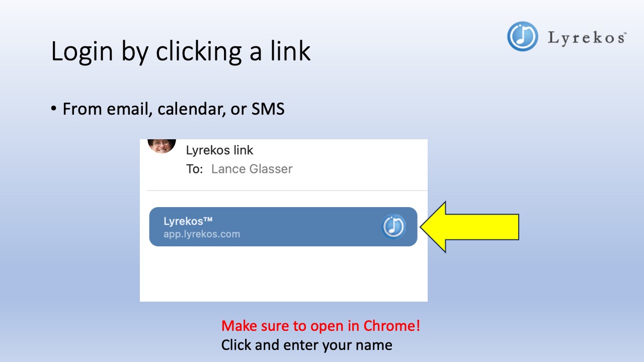 Email showing a Lyrekos session link — click it to open app.Lyrekos.com in your browser and enter your name