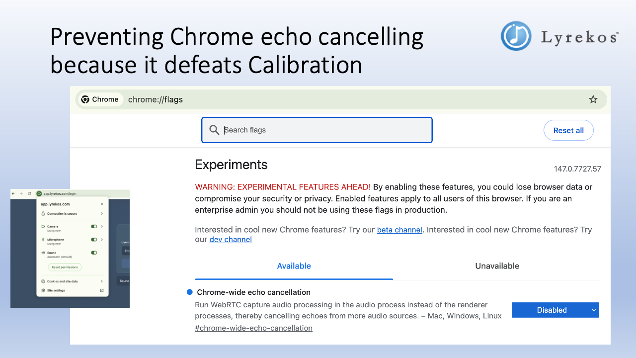 Chrome flags page showing Chrome-wide echo cancellation set to Disabled — sometimes required for Lyrekos calibration when using Chrome